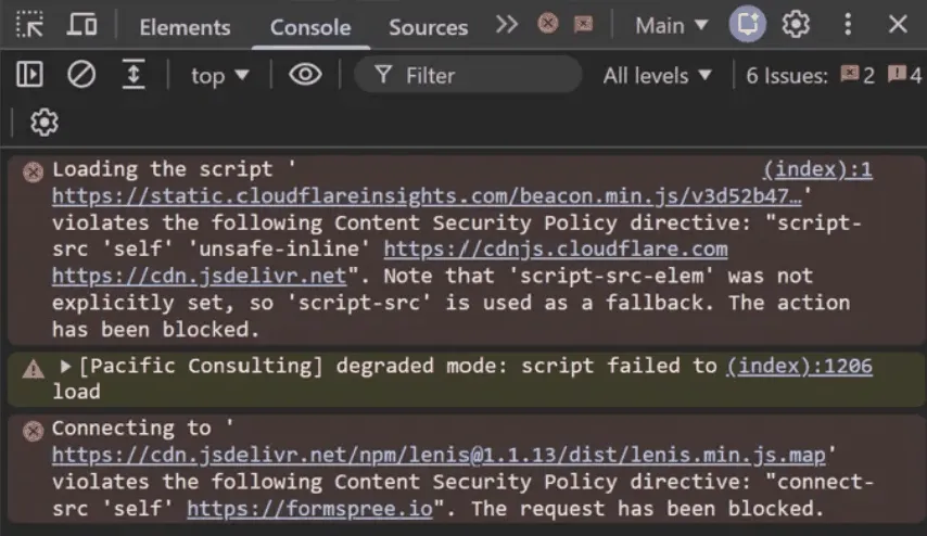 Browser console showing a Content Security Policy blocking Cloudflare’s beacon script